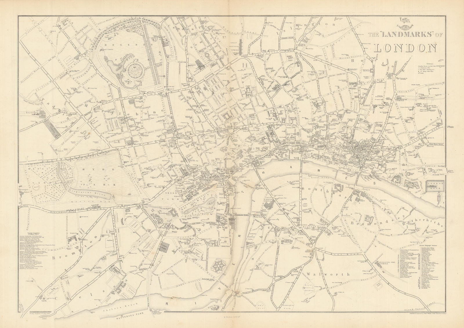 LANDMARKS OF LONDON. Clubs Theatres Churches Public Buildings. WELLER 1863 map